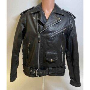 Mens Black Premium Leather Moto Jacket Size 42 Full Zip Belted RW10337 Heavy